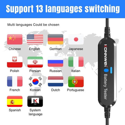 Konnwei Battery Tester for Daily Vehicle Maintenance Checks with 13 language support and conductance testing for quick battery health evaluation