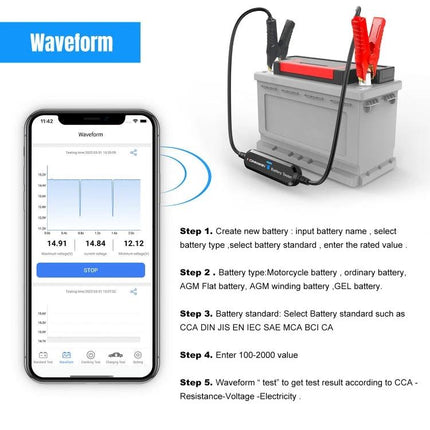 Konnwei Battery Tester for Daily Vehicle Maintenance Checks showing tester connected to car battery and smartphone waveform app