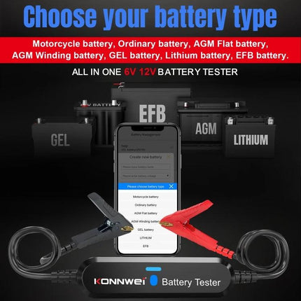 Konnwei Battery Tester for Daily Vehicle Maintenance Checks - compact conductance 6V/12V tester with clamps and app for battery type selection
