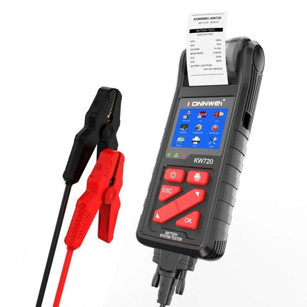 Konnwei Tool for Routine Car Battery Checks handheld KW720 battery tester with printer and red/black clamps for 6V 12V 24V vehicle batteries