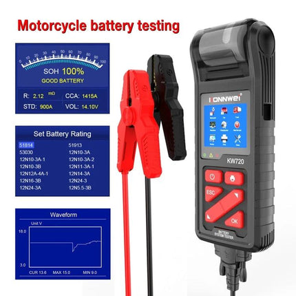 Konnwei Tool for Routine Car Battery Checks - handheld KW720 battery tester with clamps and display for 6V/12V/24V vehicle batteries