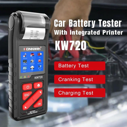 Konnwei Tool for Routine Car Battery Checks – handheld KW720 tester with integrated printer for battery, cranking and charging tests
