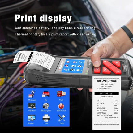 Konnwei Tool for Routine Car Battery Checks handheld thermal-printer battery tester showing test report and car engine background