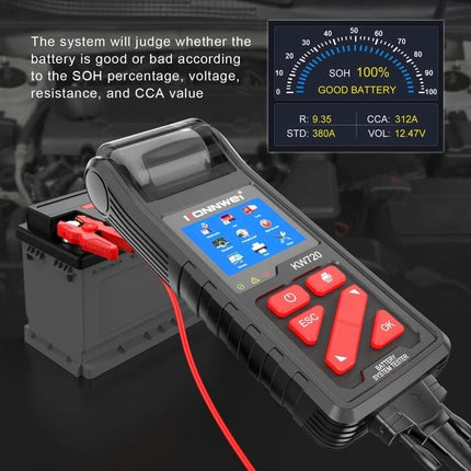 Konnwei Tool for Routine Car Battery Checks handheld battery tester showing SOH 100% and CCA readout connected to vehicle battery