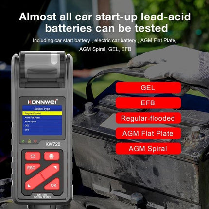 Konnwei Tool for Routine Car Battery Checks showing KW720 tester with gloved hand testing a car lead-acid battery