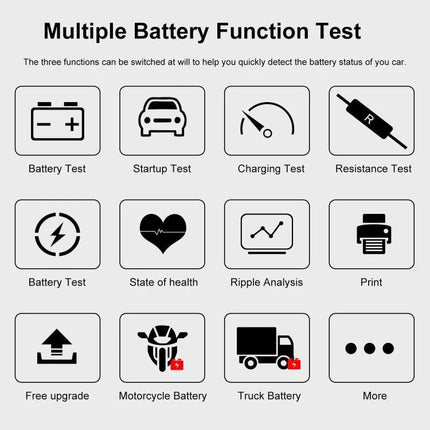 Konnwei Tool for Routine Car Battery Checks showing multiple battery function test icons for battery, startup, charging, resistance, health, motorcycle and truck battery testing