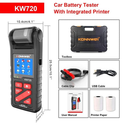 Konnwei Tool for Routine Car Battery Checks handheld KW720 tester with integrated printer, toolbox, cable clips, USB cable and printer paper