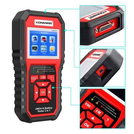 Essential KONNWEI tool for everyday car battery checks - OBDII & battery tester handheld with screen and connectors