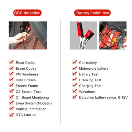 Essential KONNWEI tool for everyday car battery checks - OBD2 scanner and battery health test with clamps for car and motorcycle batteries