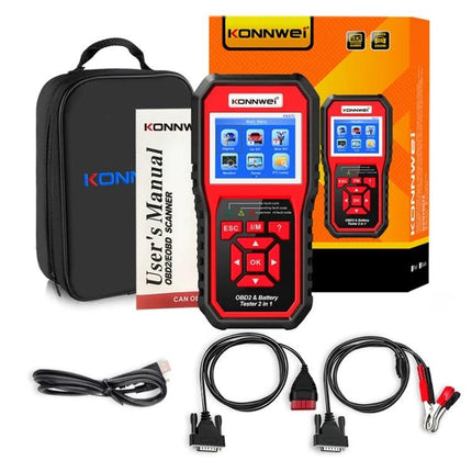 Essential KONNWEI tool for everyday car battery checks - handheld KONNWEI OBD2 scanner and battery tester kit with cables and case