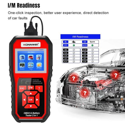 Essential KONNWEI tool for everyday car battery checks - KONNWEI OBD2 battery tester showing I/M readiness and engine diagnostics