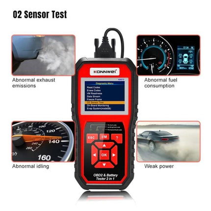 Essential KONNWEI tool for everyday car battery checks - OBD2 battery tester showing O2 sensor test and diagnostic menu