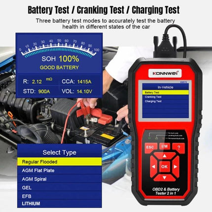 Essential KONNWEI tool for everyday car battery checks - OBD2 battery tester showing cranking, charging tests and engine scan