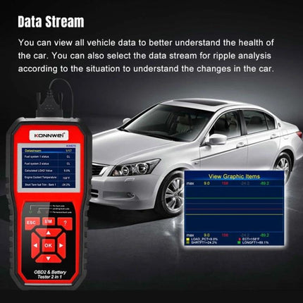Essential KONNWEI tool for everyday car battery checks - KONNWEI OBD2 battery tester showing data stream and car diagnostics