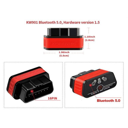 Essential Konnwei Tool for Everyday Car Maintenance Checks - red KW901 Bluetooth 5.0 OBD-II scanner showing 16-pin connector and dimensions