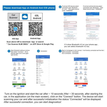 Essential Konnwei Tool for Everyday Car Maintenance Checks - Konnwei OBD-II scanner app QR codes and setup instructions
