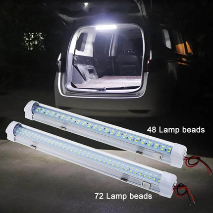 Two-Pack RV Dome Light for Cabin Interior Use Daily showing two LED 72-bead ceiling lights illuminating an open RV cargo area