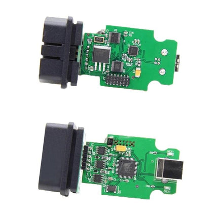 OBD2 Cable for Everyday Car Diagnostics on Volkswagen Vehicles – green PCB OBD2-to-USB diagnostic cable showing internal circuit boards