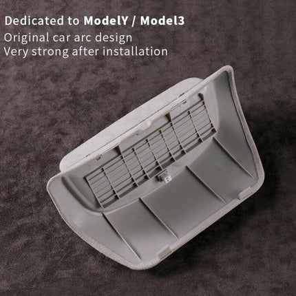 Practical Car Storage Box for Sunglasses and Cards in Tesla Model 3 - gray organizer showing underside and fit for Model 3 interior