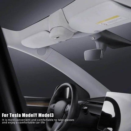 Practical Car Storage Box for Sunglasses and Cards in Tesla Model 3 tucked under visor for quick access and clutter-free cabin