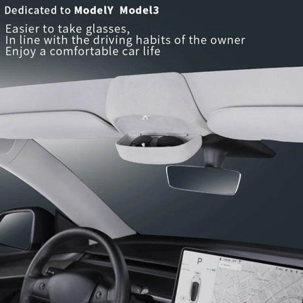 Practical Car Storage Box for Sunglasses and Cards in Tesla Model 3 mounted overhead, open with sunglasses and cards for tidy cabin