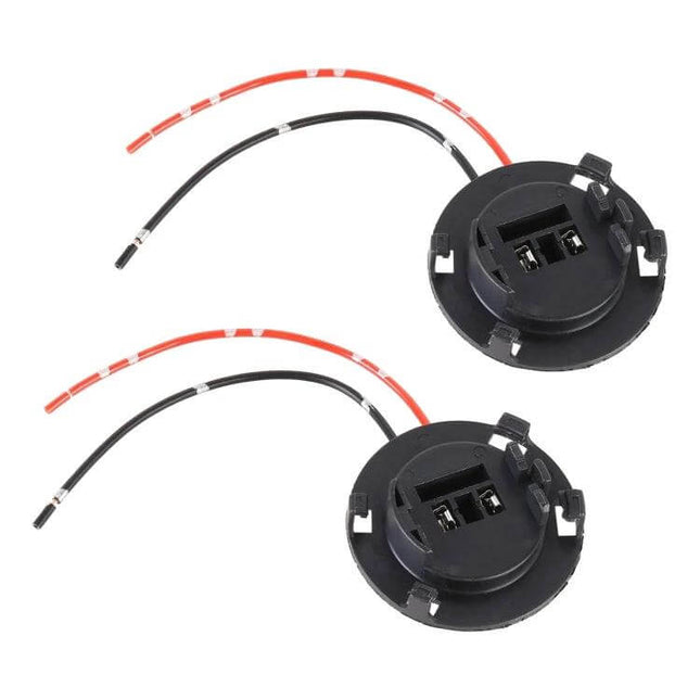 Halogen Lamp Socket With Cable For Hyundai Tucson Car Bulb Holder - pair of black round plug-and-play headlight sockets with red and black wires