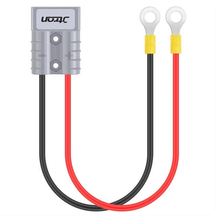 50A 600V Battery Quick Disconnect Plug With 1ft Cable - gray housing, red and black 1ft wires with ring terminals, copper conductors, UL94V-0 rated