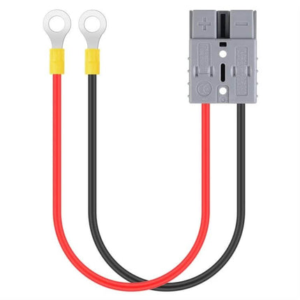 50A 600V Battery Quick Disconnect Plug With 1ft Cable - gray housing, red and black 1 ft wires with copper ring terminals, UL94V-0 rated, color-coded pairs