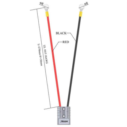 50A 600V Battery Quick Disconnect Plug With 1ft Cable copper conductors red and black color-coded leads UL94V-0 housing