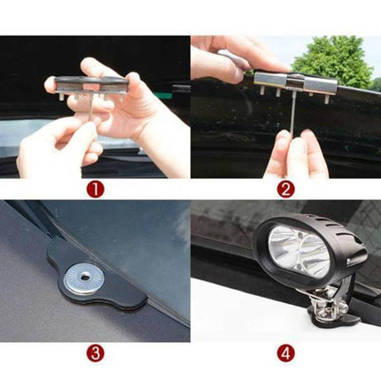 Universal LED Strip Light Bracket Pair For Hood Installations mounted on hood edge showing screw-fixed installation steps and fitted LED work light