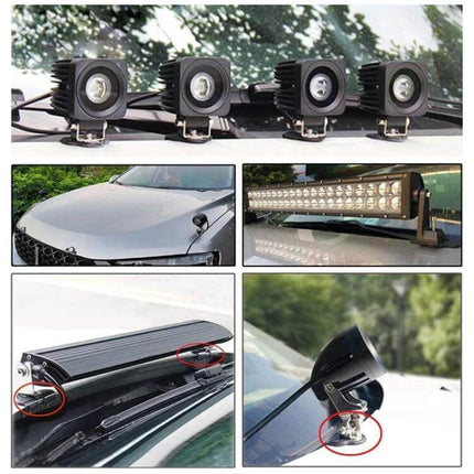 Universal LED Strip Light Bracket Pair For Hood Installations mounted on vehicle hood edge showing screw-fixed secure fit and flush LED light positioning