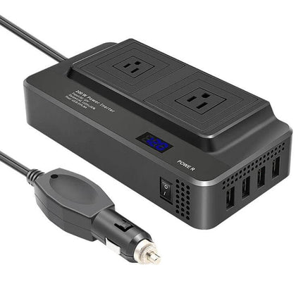 Portable Car Power Inverter with LED Voltage Display for Devices showing two AC outlets, LED voltage readout and USB ports connected to car cigarette plug