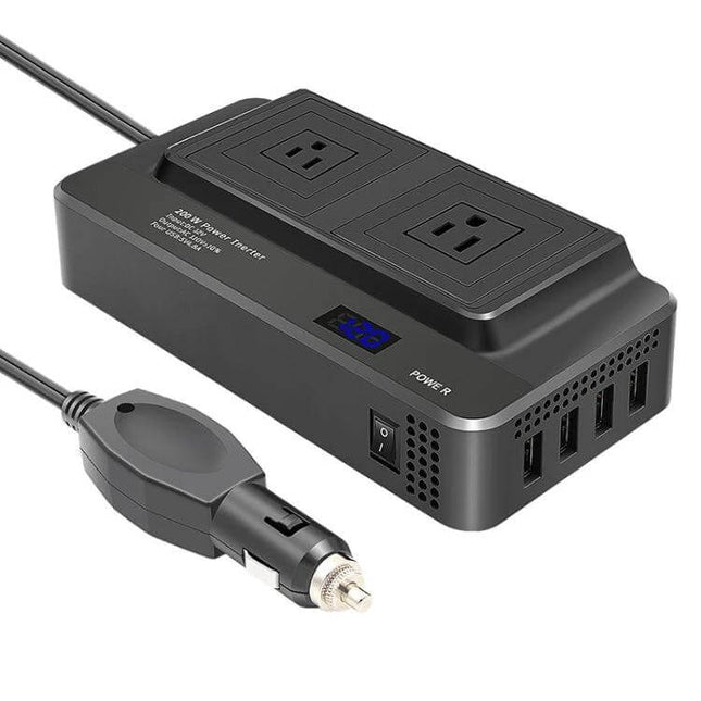 Portable Car Power Inverter with LED Voltage Display for Devices showing two AC outlets, LED voltage readout and USB ports connected to car cigarette plug