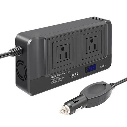 Portable Car Power Inverter with LED Voltage Display for Devices powering laptop and phone from 12V car outlet with LED voltage readout