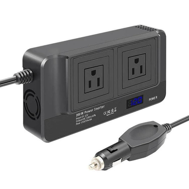 Portable Car Power Inverter with LED Voltage Display for Devices powering laptop and phone from 12V car outlet with LED voltage readout