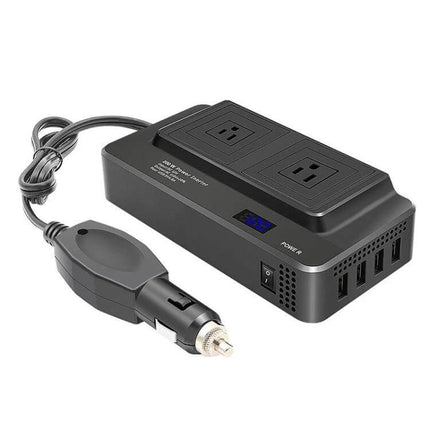Portable Car Power Inverter with LED Voltage Display for Devices powering laptop and phones from 12V car outlet, compact design with LED voltage display