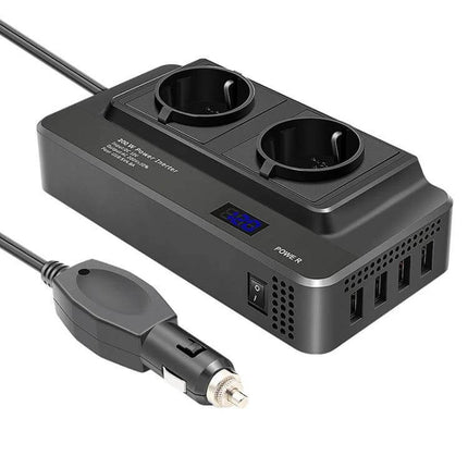 Smart Car Power Inverter with Digital Voltage Display and EU Plug – black 12V to 220V inverter with two EU sockets, digital display and USB ports for charging on road trips