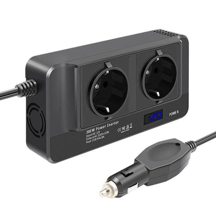 Smart Car Power Inverter with Digital Voltage Display and EU Plug black dual-socket 200W inverter with cigarette lighter cable and blue display