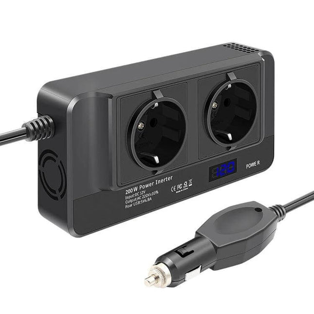 Smart Car Power Inverter with Digital Voltage Display and EU Plug black dual-socket 200W inverter with cigarette lighter cable and blue display