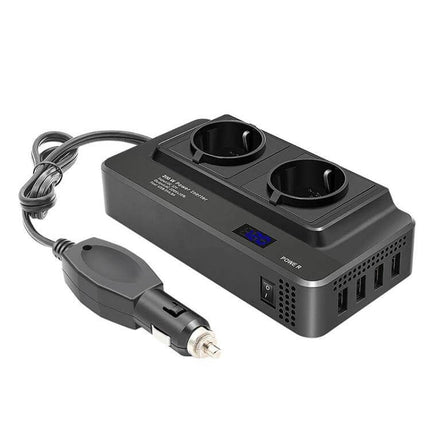 Smart Car Power Inverter with Digital Voltage Display and EU Plug - black 12V to 220V car inverter with dual EU sockets, USB ports and digital display