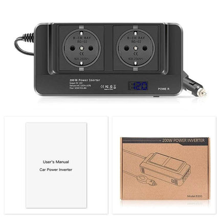 Smart Car Power Inverter with Digital Voltage Display and EU Plug shown with dual EU sockets, digital display, cigarette lighter cable, manual and box