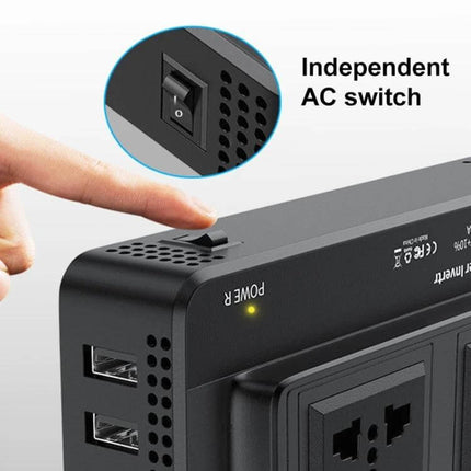 Smart Car Power Inverter with Digital Voltage Display and EU Plug showing independent AC switch, USB ports and power LED on black unit