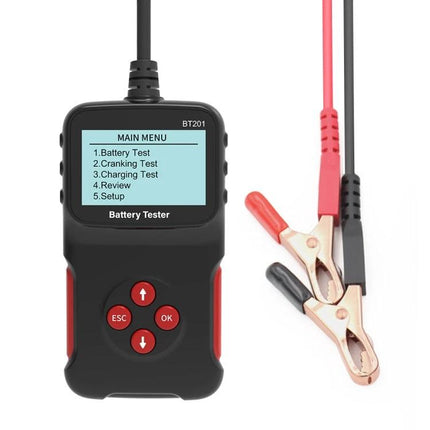 Car Battery Checker for Routine Vehicle Maintenance Essentials - handheld battery tester with clamps showing main menu for battery tests