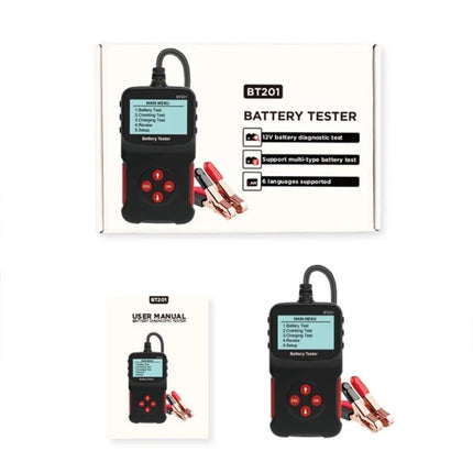 Car Battery Checker for Routine Vehicle Maintenance Essentials - handheld BT201 battery tester with display and clamps for quick diagnostics