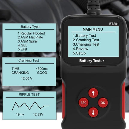 Car Battery Checker for Routine Vehicle Maintenance Essentials - handheld battery tester with LCD menu and cranking/ripple test readouts
