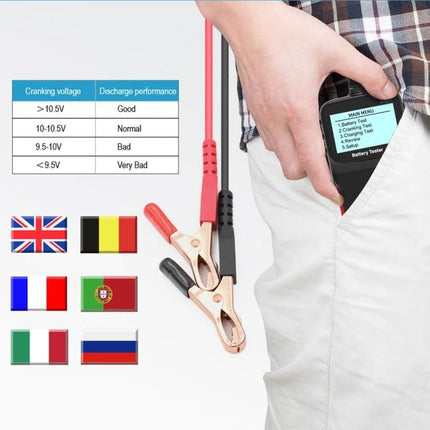 Car Battery Checker for Routine Vehicle Maintenance Essentials handheld tester with clamps and voltage chart in pocket