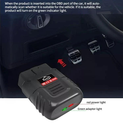 Essential Car Diagnostic Tool for Everyday Vehicle Maintenance - compact OBD adapter with app-ready LED indicators near car pedals