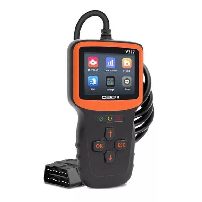Essential Car Diagnostic Tool for Daily Vehicle Maintenance - handheld OBD2 scanner showing screen, buttons and cable for engine fault checks