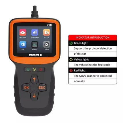 Essential Car Diagnostic Tool for Daily Vehicle Maintenance - handheld OBD2 scanner showing screen, buttons, and indicator guide