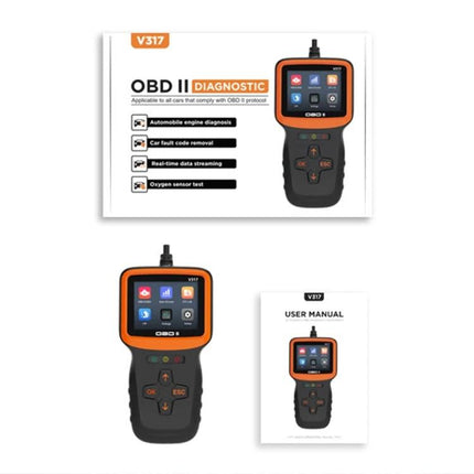Essential Car Diagnostic Tool for Daily Vehicle Maintenance - handheld OBDII scanner showing touchscreen, buttons, and user manual for engine fault checks